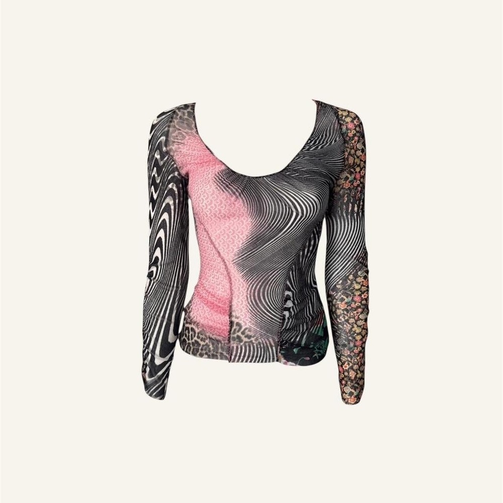 Roberto Cavalli swirl print top long sleeve mesh y2k vintage designer runway